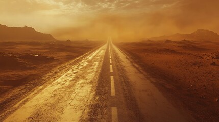Endless desert road leading to hazy horizon under an orange sky