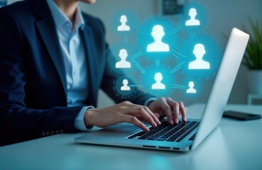 Businesswoman uses laptop for modern HR tech. Checks online to choose perfect employees for company. HR manager uses online system for recruitment. Digital tech simplifies human resource system.