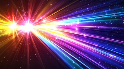 Vibrant beams of light in various colors create a dynamic, energetic visual effect.