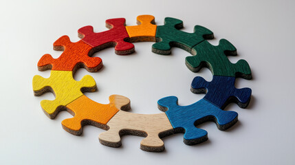 A Colorful puzzle pieces arranged in circular pattern symbolize unity and integration