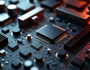 Close-up view of detailed computer motherboard. Complex circuitry, components clearly visible. Realistic rendering highlights intricate details of electronic components. Tech design. Modern tech
