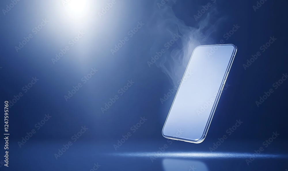 Poster a sleek smartphone floats amidst a blue haze, illuminated by a distant light, creating a modern, eth