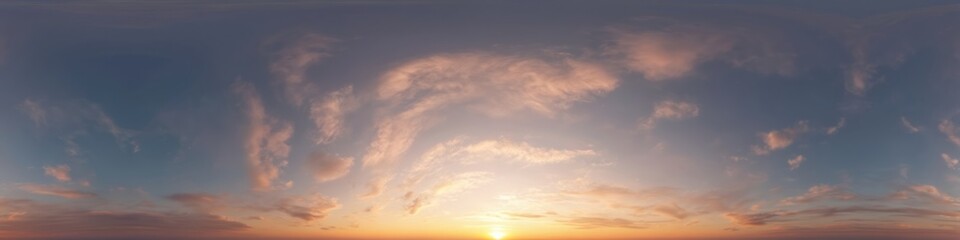 Obraz premium Beautiful dark blue sunset sky panorama with fluffy cirrus clouds. Sunset light paints clouds with warm colors. Sky perfect for 3D visualization, game backgrounds. Seamless spherical equirectangular