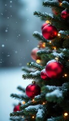 Fototapeta premium Classic Christmas tree, vibrant red baubles, snowy backdrop, classic, winter, celebration