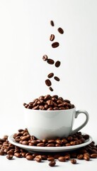 Obraz premium Coffee cup overflowing with roasted beans, white backdrop, coffee cup, food photography