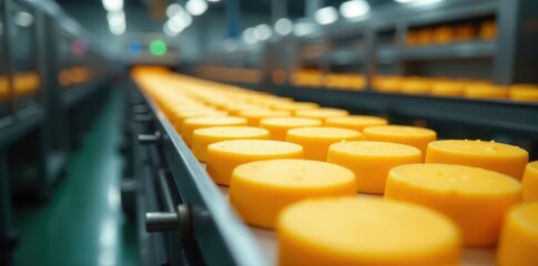 Obraz premium Endless stream of cheese on automated conveyor system , industrial, machinery
