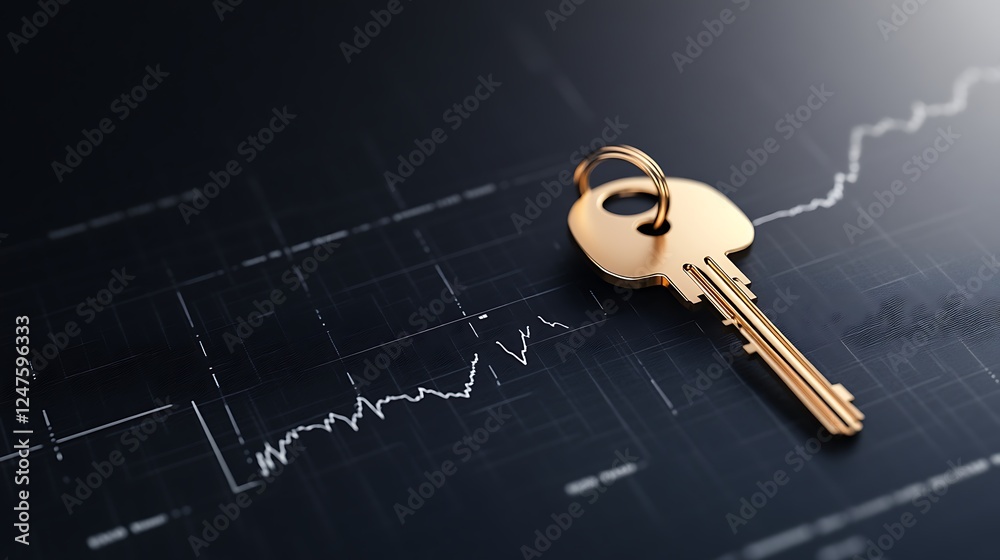 Poster a golden key rests on a dark surface with a fluctuating line graph, symbolizing finance, security, a