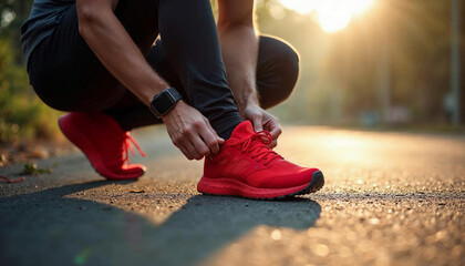 A person tying their bright red running shoes while preparing for a morning run in the sunshine. Captures the essence of active lifestyle, exercise, and outdoor activities in a motivational setting.