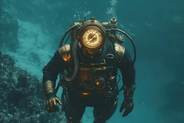 Deep-sea diver exploring the ocean depths in a vintage brass diving suit.