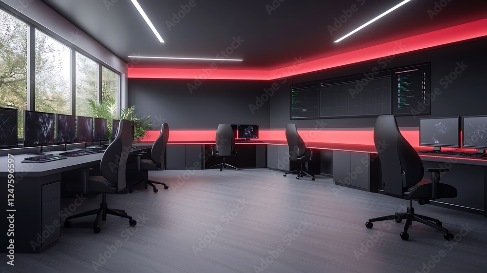 Aufkleber A modern tech workspace featuring sleek black furniture, multiple computer setups, and ambient red lighting, designed for productivity and collaboration.