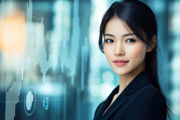 Naklejka premium A confident businesswoman in modern office, analyzing data trends on screen