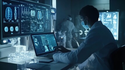 Fototapeta premium Doctor in office using laptop, modern healthcare technology, digital medical solutions. 