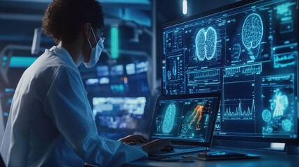 Doctor in office using laptop, modern healthcare technology, digital medical solutions. 