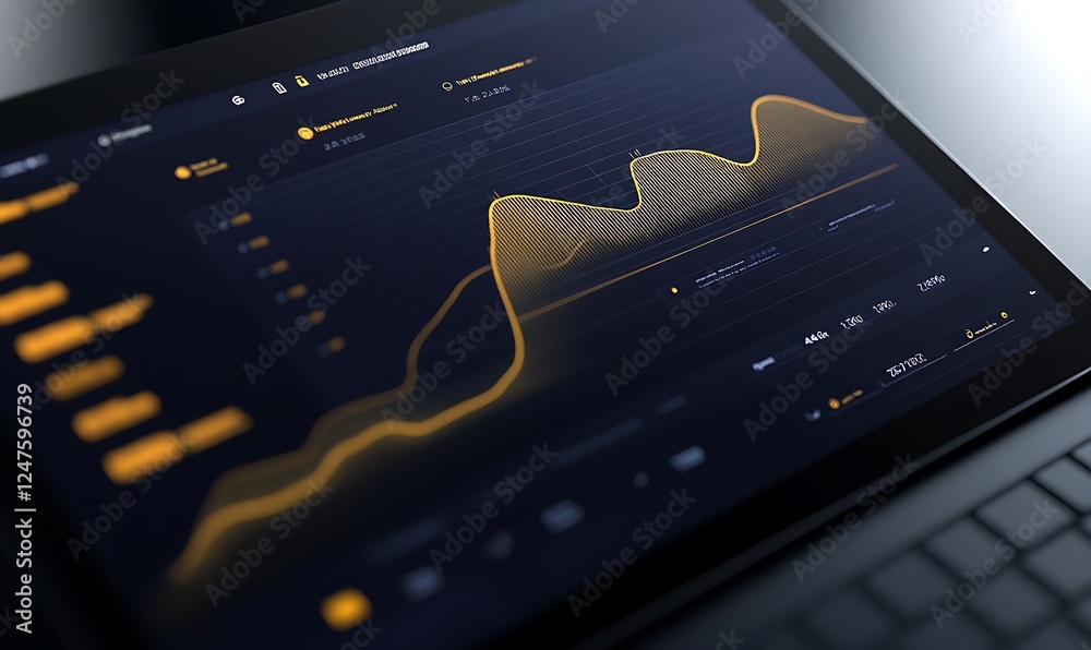 Fototapete A sleek digital display shows data visualizations with vibrant yellow and orange graphs on a dark background, illustrating trends and analytics.