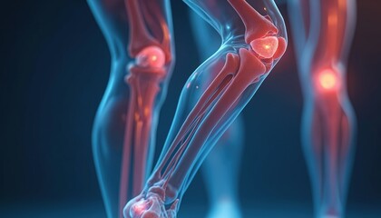 Close-up anatomical illustration of human leg with bent knee knee joint structure. Visible bones muscles, tendons illustrate joint anatomy. Pain highlighted on joint area. Medical illustration aids