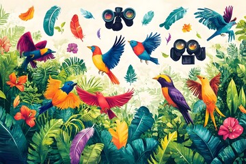 Fototapeta premium Vibrant Tropical Aviary with Colorful Birds and Lush Foliage