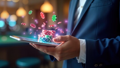 Businessman plays casino game on tablet. Colorful chips fly around digital table. Man in suit holds device. Casino app interface displayed. Modern tech in real casino environment. Trendy digital