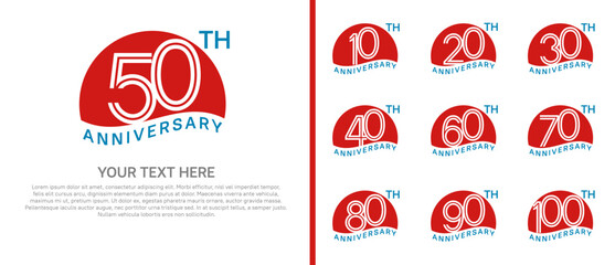 logo anniversary set. red color with half circle on white background for special event
