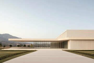 Minimalist modern architecture featuring a sleek facade and expansive glass elements surrounded by natural landscape in serene colors
