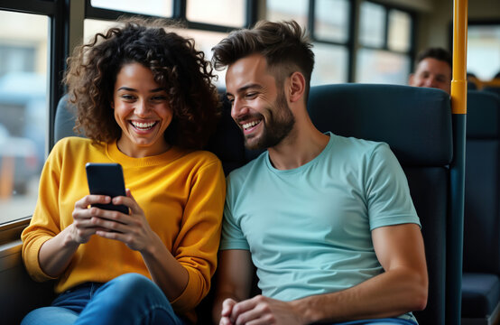Two friends sit on a bus. They are laughing and look at smart phones. They wear casual clothes. It is a modern urban scene. They are enjoying their journey. - Powered by Adobe