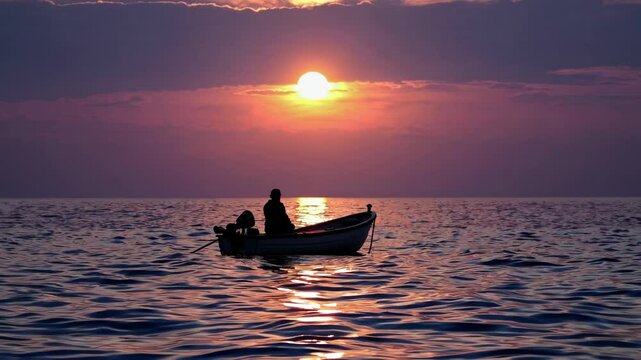 A fisherman and his dog sit peacefully in a small boat as the sun sets over the calm ocean waters, casting warm golden hues across the landscape and creating a serene atmosphere.