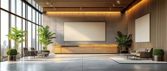 A Modern reception area with large windows, plants, and stylish furniture
