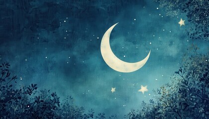 Obraz na płótnie Canvas Crescent Moon and Stars in a Dark Blue Night Sky