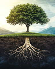 A tree with deep roots symbolizes sustainable governance and ESG practices, showcasing nature resilience and strength