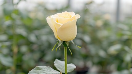 Cream rose bloom in greenhouse, floral background