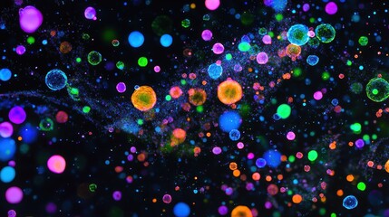 Fluorescent virus particles, imaginative representation of global disease containment. 