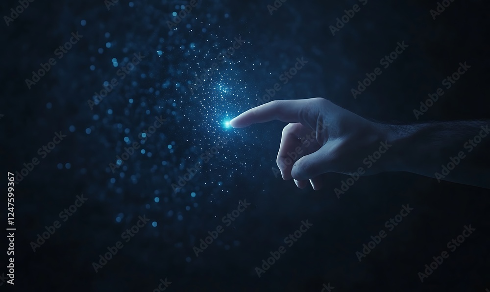 Poster a hand reaching out to a glowing blue particle in a dark setting.