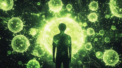 Fluorescent virus particles, imaginative representation of global disease containment. 