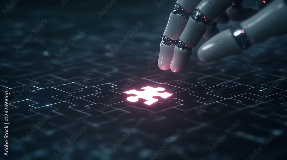 Poster a robotic hand connects a glowing puzzle piece on a digital grid background.