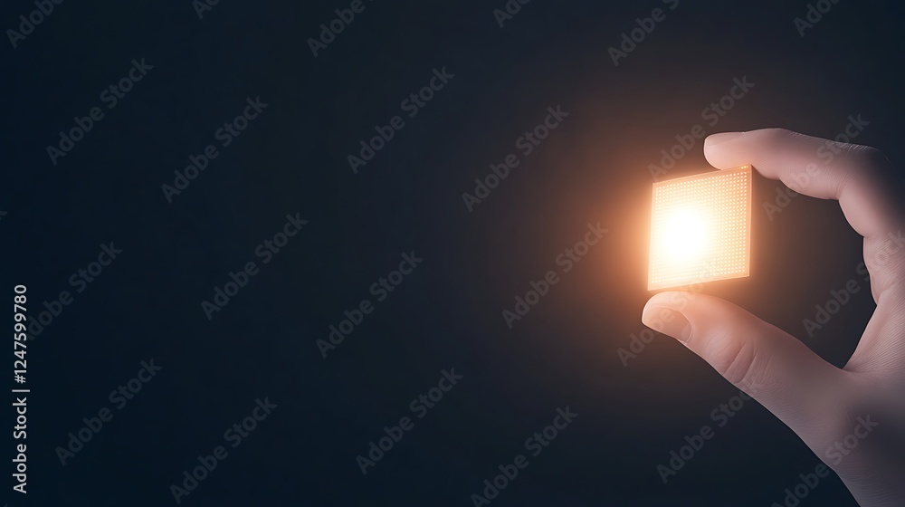 Poster a hand holds a glowing cube against a dark background, symbolizing innovation and technology.