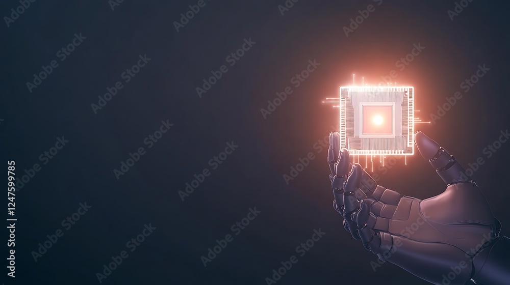Poster a robotic hand holds a glowing microchip against a dark background, symbolizing technology and innov