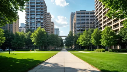 Fototapete Rund Modern urban park in Milan. Wide pathway cuts through rich green grass. Modern high-rise buildings flank park. People walk in park. Residential buildings with apartments. City life style. Green space © Vadym