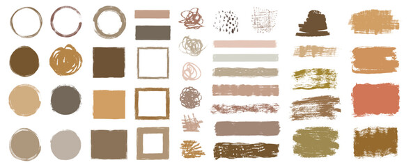 Hand drawn vector set with pencil scribbles, brushes in earthy brown colors, round and rectangular shapes with rough jagged edges, graphic design elements