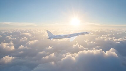 Fototapeta premium Airplane flying above clouds with a bright sun in the background.