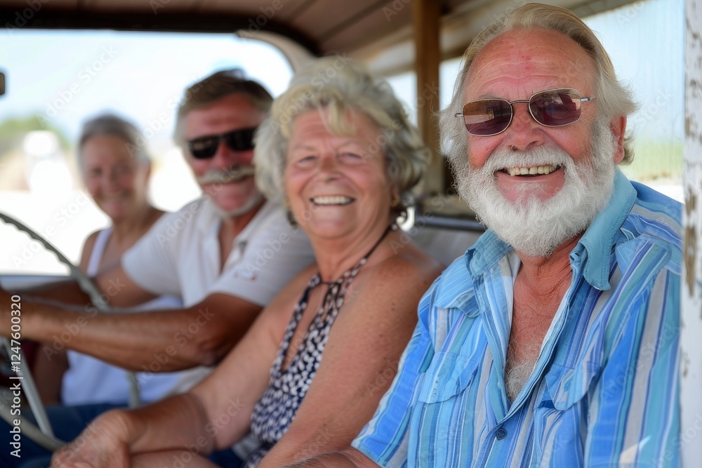 Wall mural Portrait of a happy senior couple on a motor boat in summer