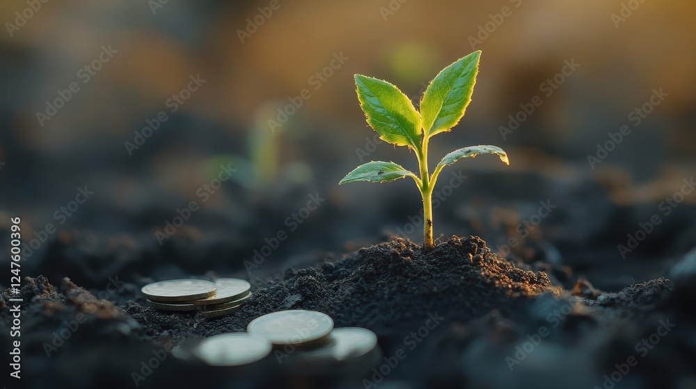 Sticker Sustainable finance and investment concept with a plant sprouting from savings coins.