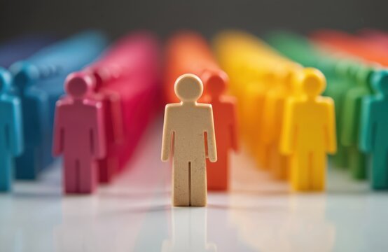 Human resource management concept illustrated. Diverse group of colorful figurines represents employees. One light beige figurine stands out from crowd leadership diversity in recruitment. Focus on