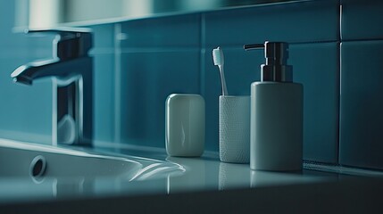 A clean toothbrush holder and soap dispenser resting on a tidy sink.