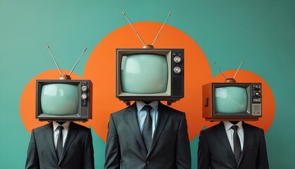 Retro tv heads on business suits stand like zombies in surreal collage. Group of people resemble media influence propaganda concept. Modern art piece uses retro tv heads as symbol of control media