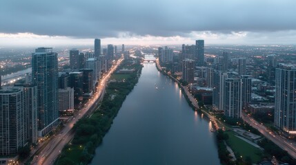 Obraz premium Cityscape sunrise over river, urban landscape