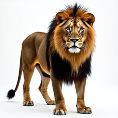 Fototapeta premium Powerful lion stands isolated against white backdrop. Majestic wild animal with full mane, alert gaze. Stance suggests alertness, confidence. Image perfect for wildlife enthusiasts seeking impactful