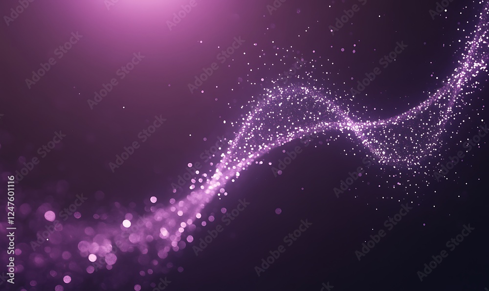 Poster dynamic wave of sparkling purple particles against a dark background.