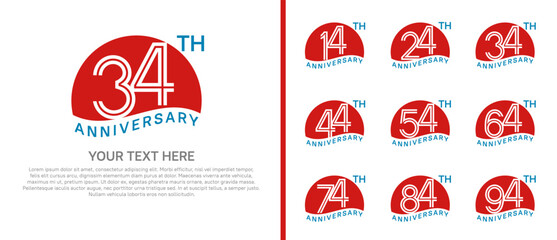 logo anniversary set. red color with half circle on white background for special event