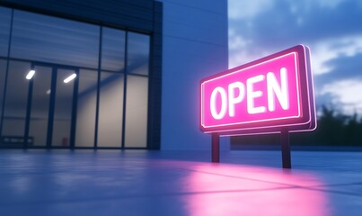 Bright neon "OPEN" sign outside a modern building at dusk, inviting customers in.