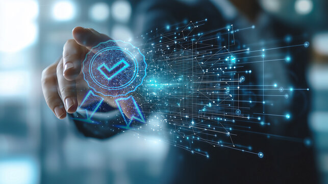 Digital Certification and Security Technology Concept. A man projects a holographic certification badge, emphasizing data protection and secure digital transactions. - Powered by Adobe