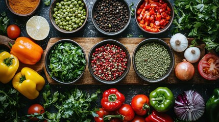 Colorful spices & vegetables prep, cooking background